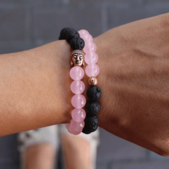 Diffuser Bracelet Rose Quartz with Copper Budda for Essential Oil w/ Lava Beads - Picture 2 of 2